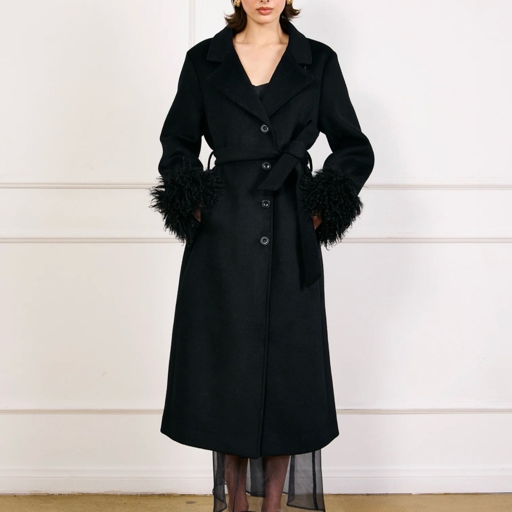 Line + Dot Loxley Black Long Coat with Faux Fur Cuffs